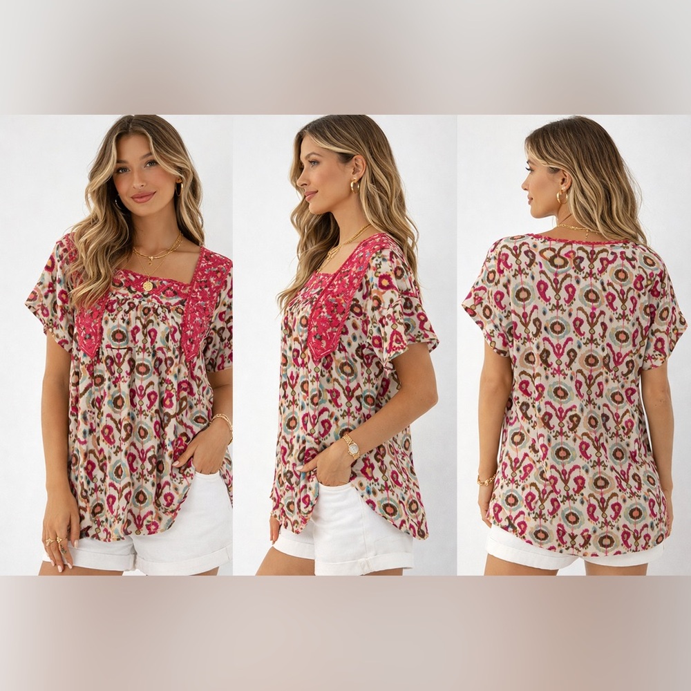 Solitaire Pink Multi-Print Patchwork Square Neck … - image 1